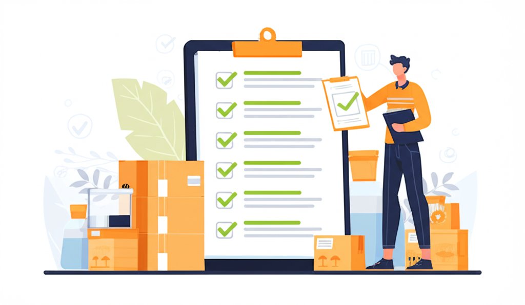 inspector reviewing a pre shipment inspection checklist with product samples