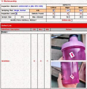 sports bottle AQL psi quality inspection company in changan town dongguan city workmanship check