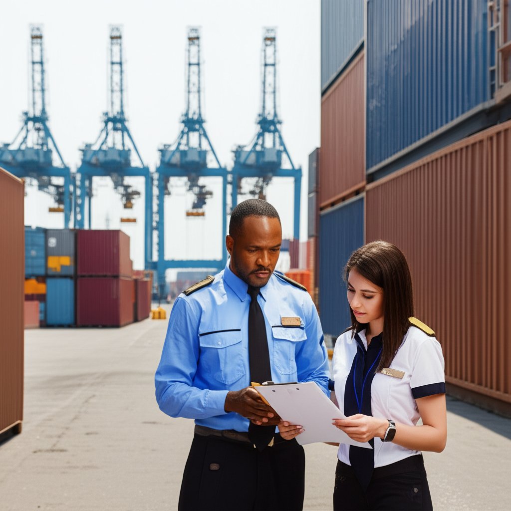 customs and importer reviewing inspection documents at port