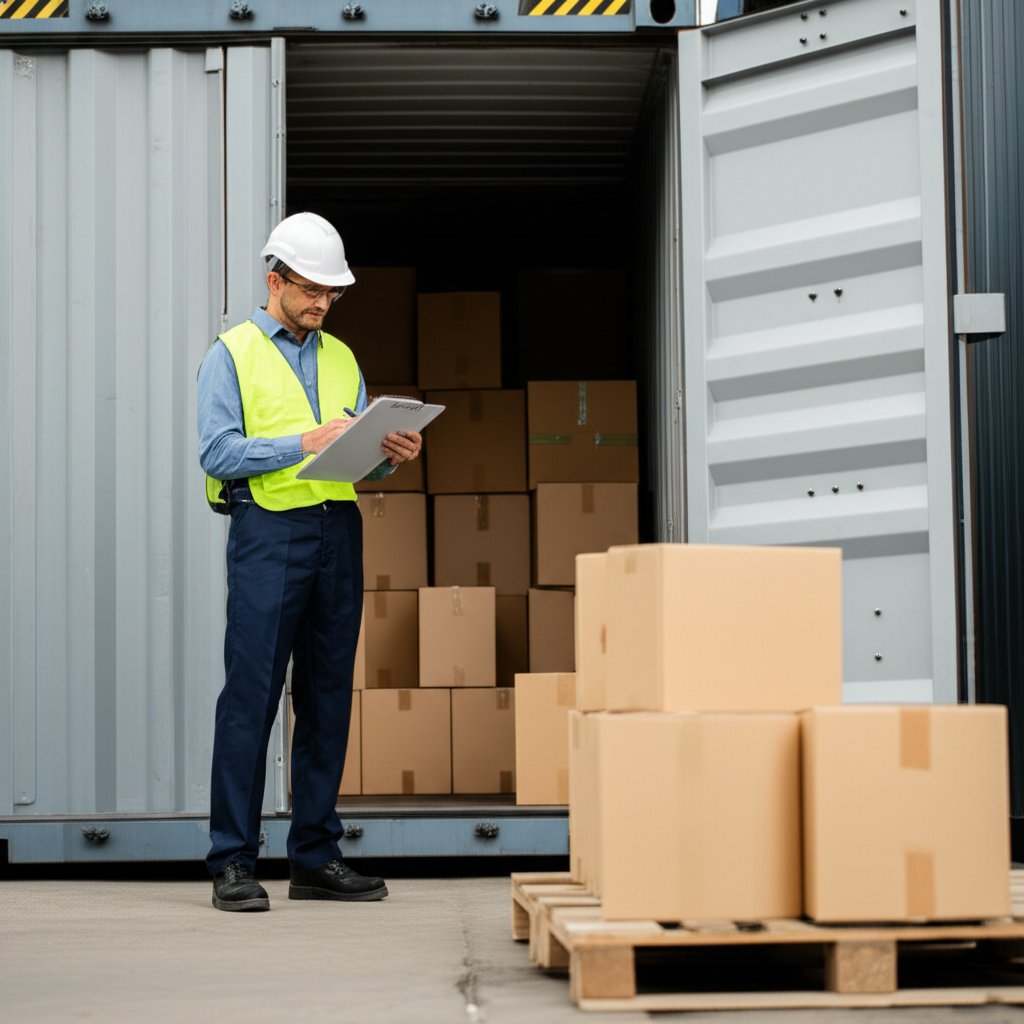 inspector checking container condition and verifying goods before loading
