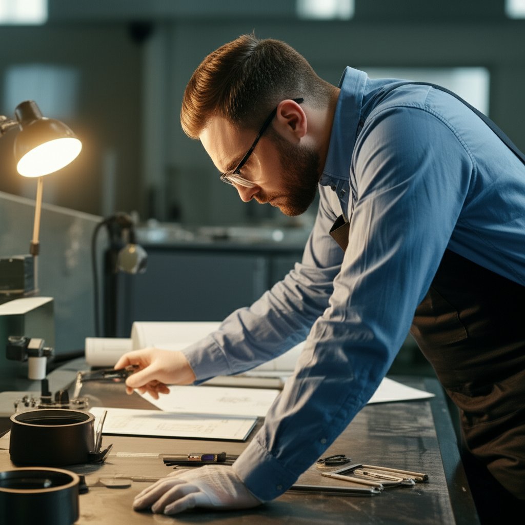 inspector reviewing first manufactured part against technical drawings
