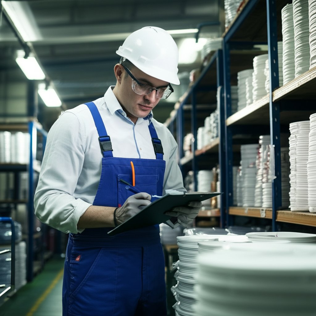 inspector reviewing products on site as part of the pre shipment inspection process