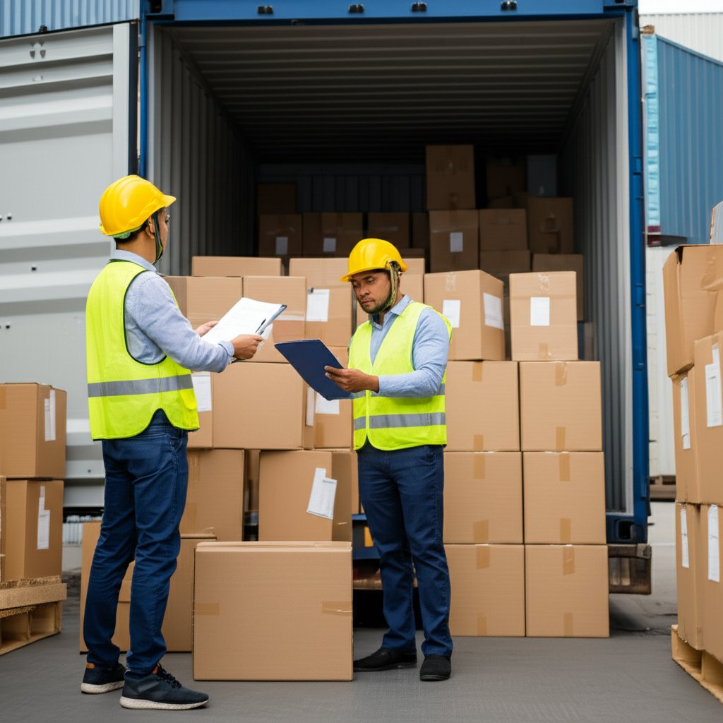inspector supervising unloading and verifying goods at destination