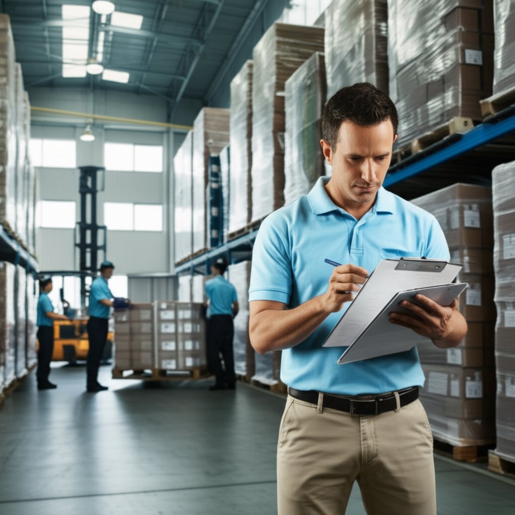 inspector verifying shipment checklists during final container loading