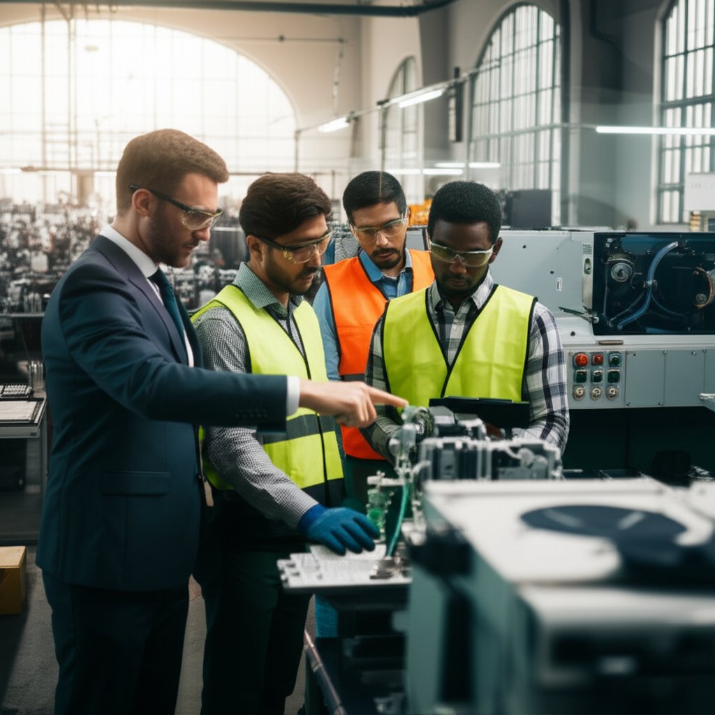 international team managing production inspections in an overseas factory