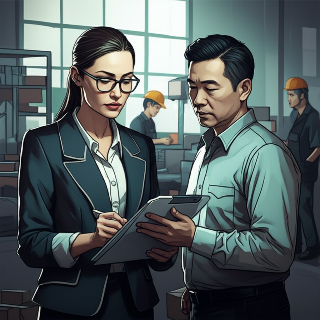 importer and factory manager reviewing audit checklist for supplier verification